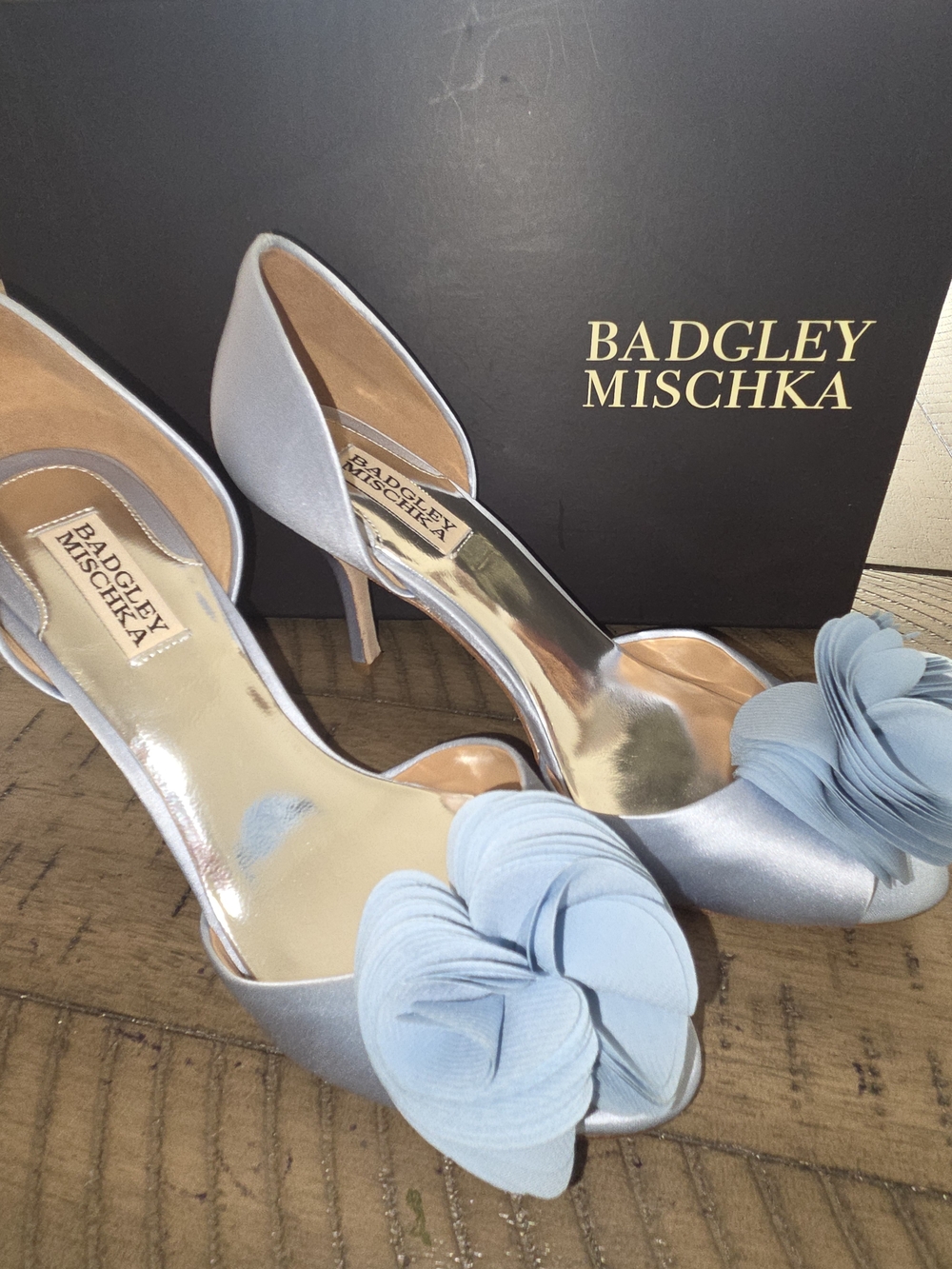Badgley Mischka Women's Light Blue Satin Floral Peep-Toe Heels
